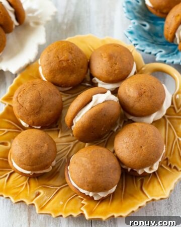 No-Bake Peanut Butter Caramel Cheesecake Pie Recipe 7 Mini Pumpkin Spice Whoopie Pies on a platter.