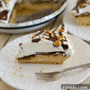 A slice of Peanut Butter Cheesecake on a dessert plate.