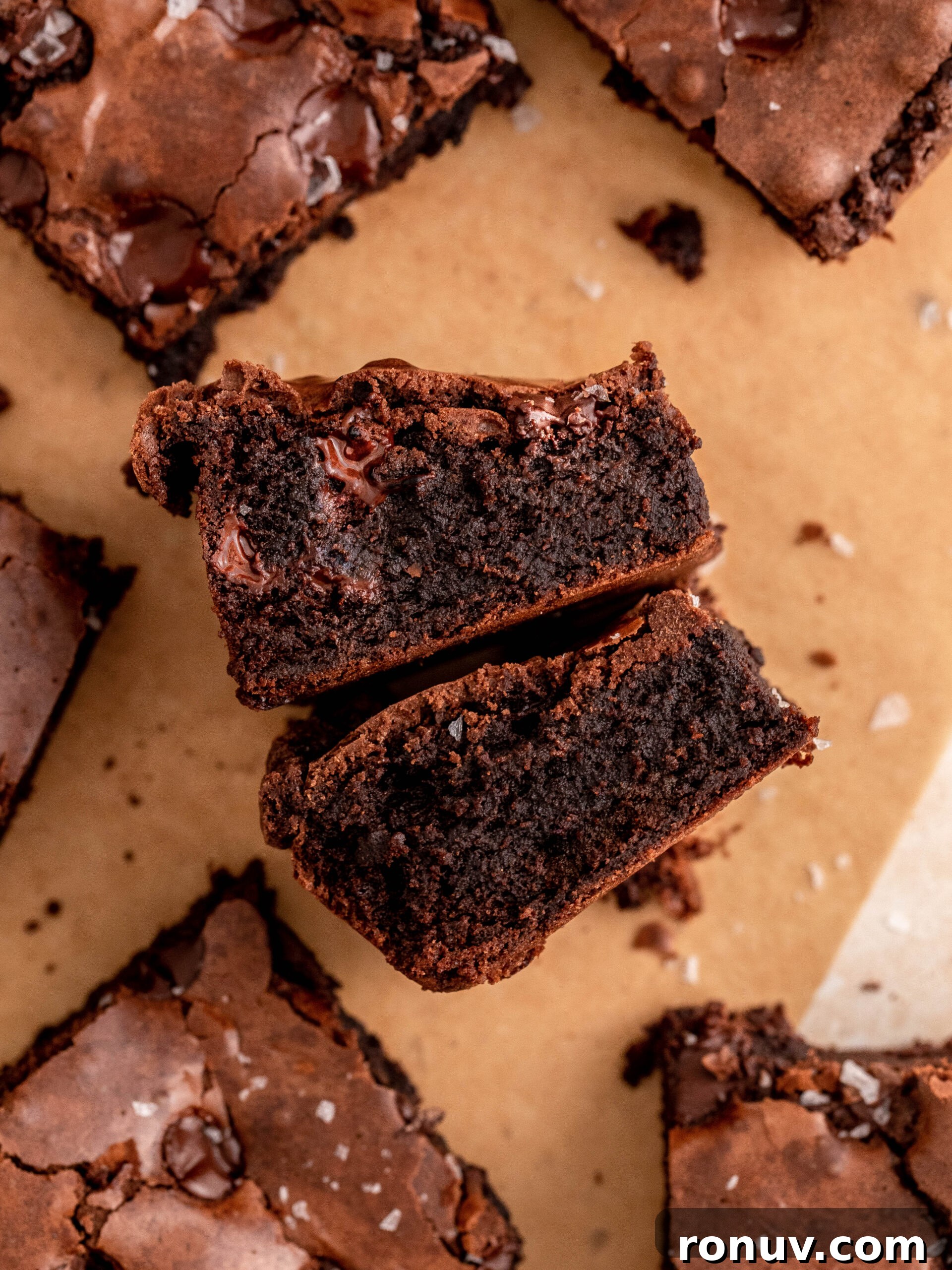 Small-Batch Fudgy Chocolate Brownies 7 small batch brownies cut into slices.