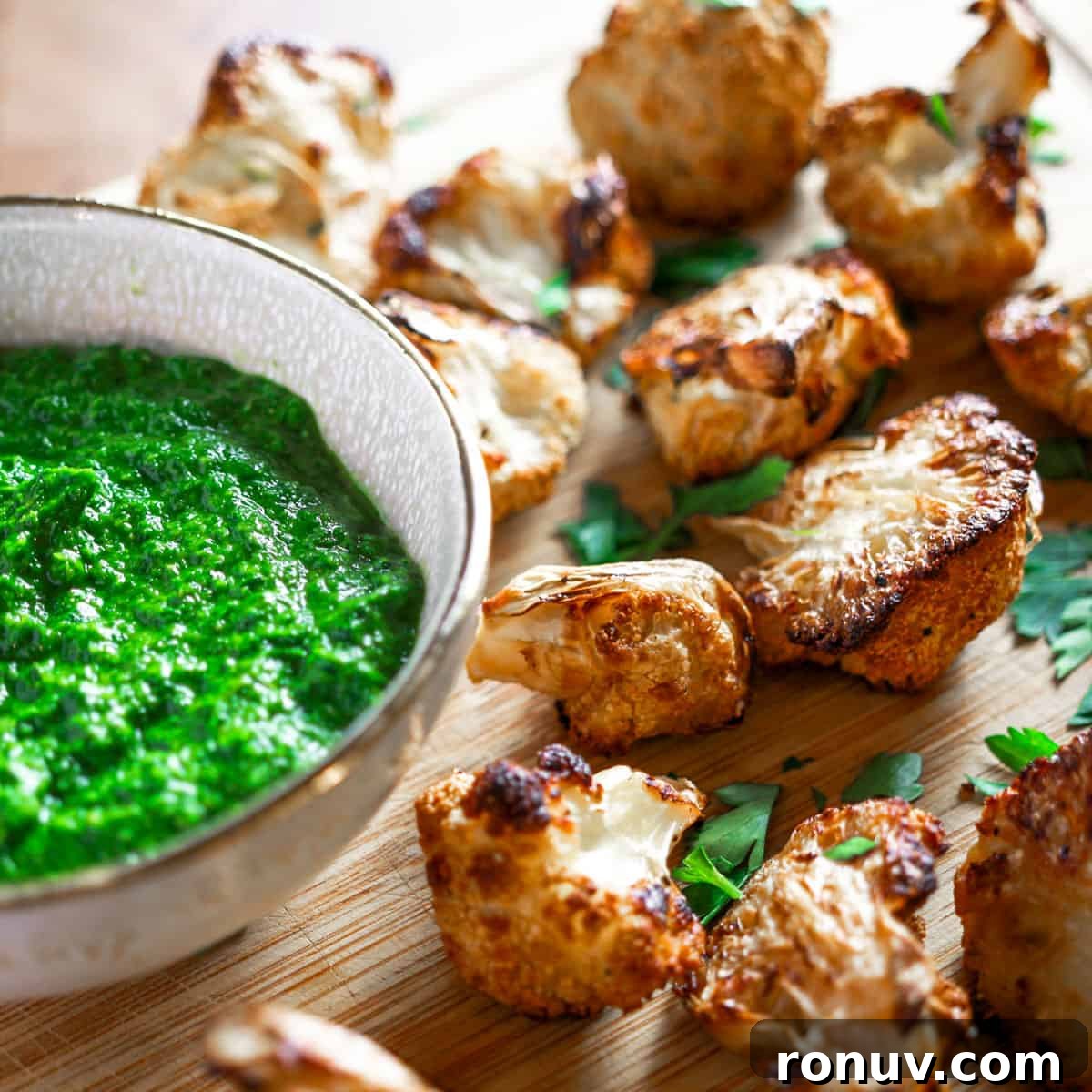 Square photo of roasted cauliflower florets on a board with a bowl of chimichurri sauce.