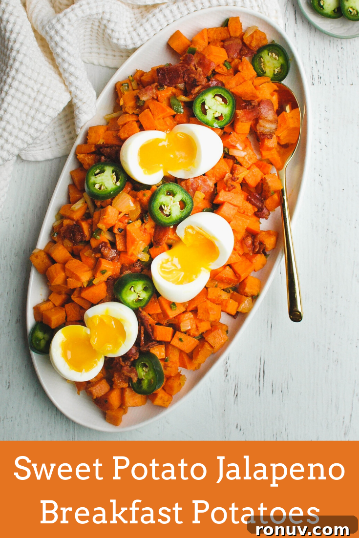Crispy Sweet Potato Jalapeno and Bacon Breakfast Hash 6 Sweet potato jalapeno breakfast hash topped with soft-boiled eggs