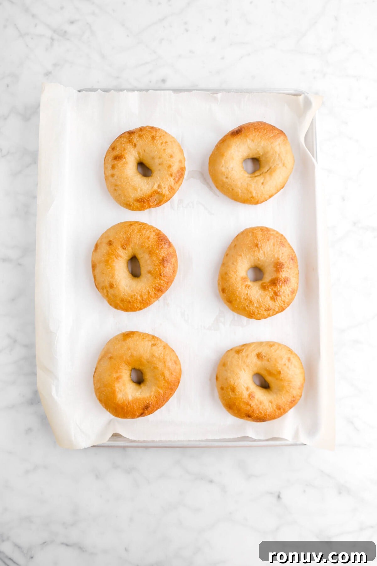 How to Make Sourdough Bagels at Home 8 baked bagels on lined sheet pan