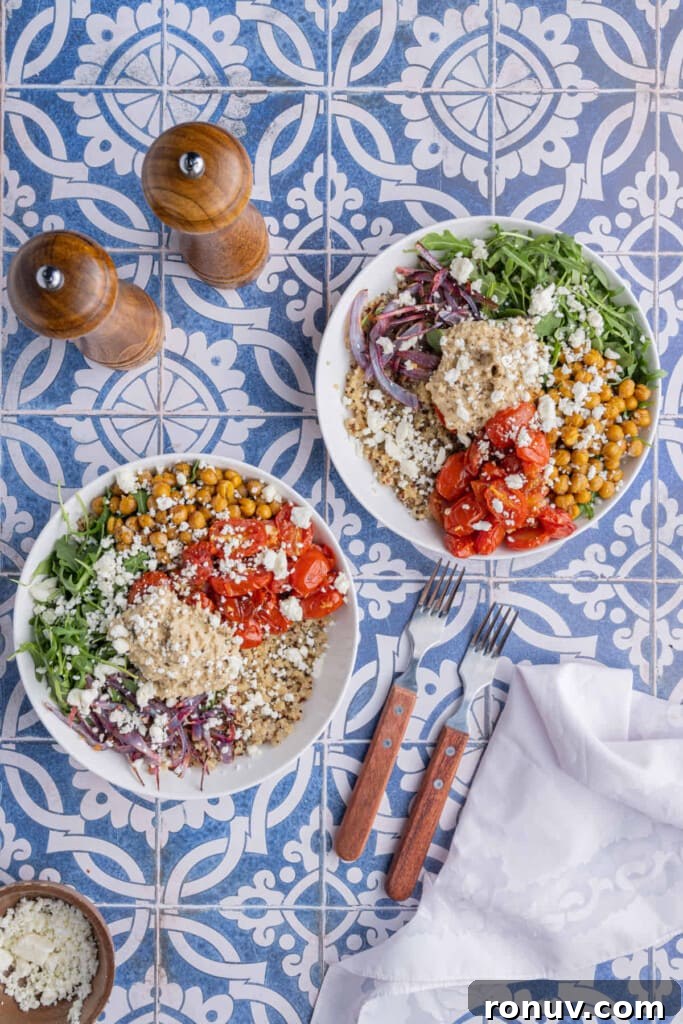 35-Minute Mediterranean Quinoa Bowl with Chickpeas and Feta 6 Overhead shot of two Mediterranean Quinoa Bowls