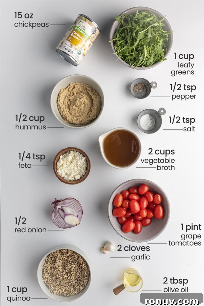 35-Minute Mediterranean Quinoa Bowl with Chickpeas and Feta 3 Ingredients for Mediterranean Quinoa Bowl including chickpeas, leafy greens, hummus, pepper, salt, vegetable broth, feta, grape tomatoes, red onion, garlic, quinoa, and olive oil