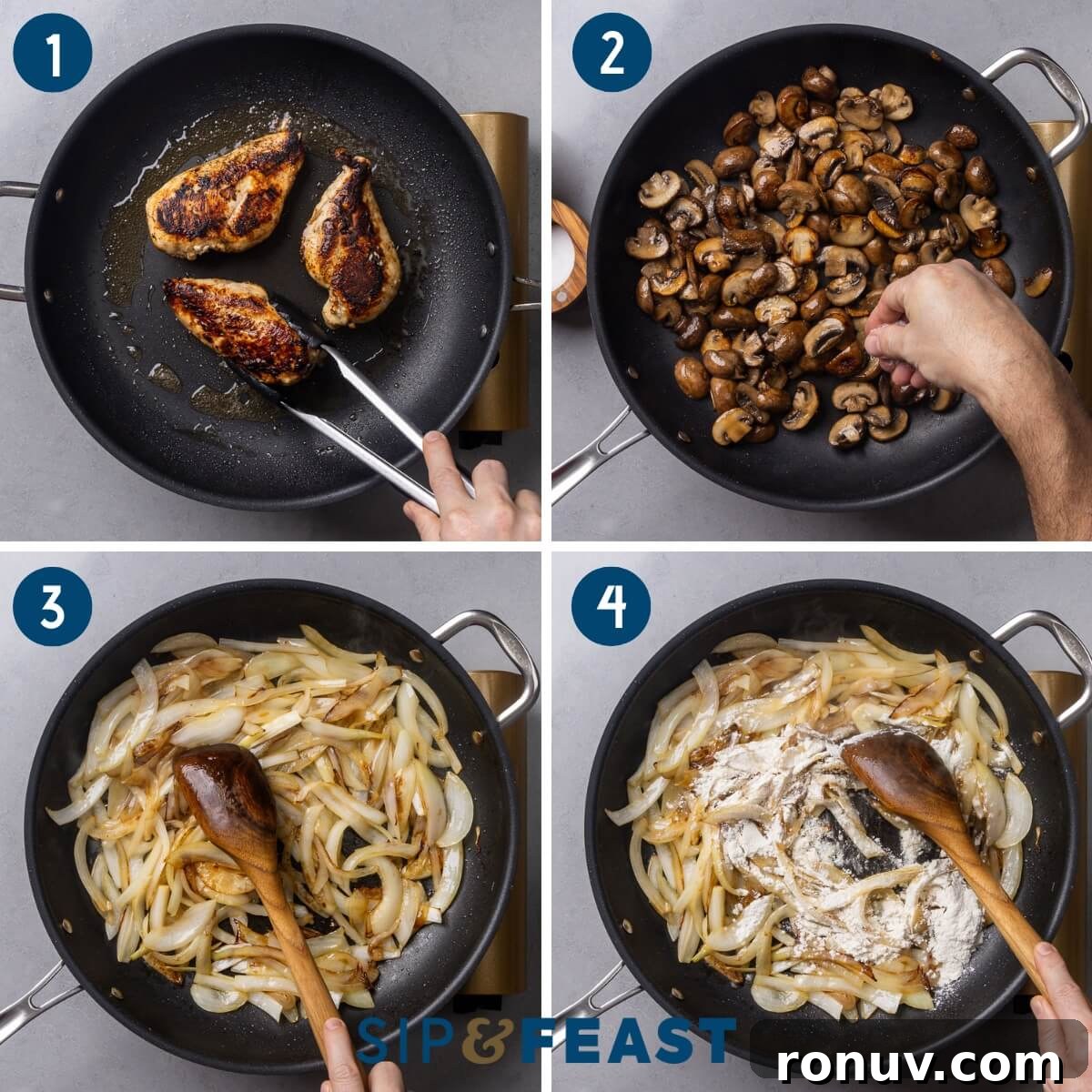 Creamy Chicken Stroganoff with Mushrooms and Egg Noodles 4 Chicken stroganoff recipe process collage group one showing the searing of the chicken breasts, sauteing mushrooms, sauteing onions, and mixing flour into the pan.