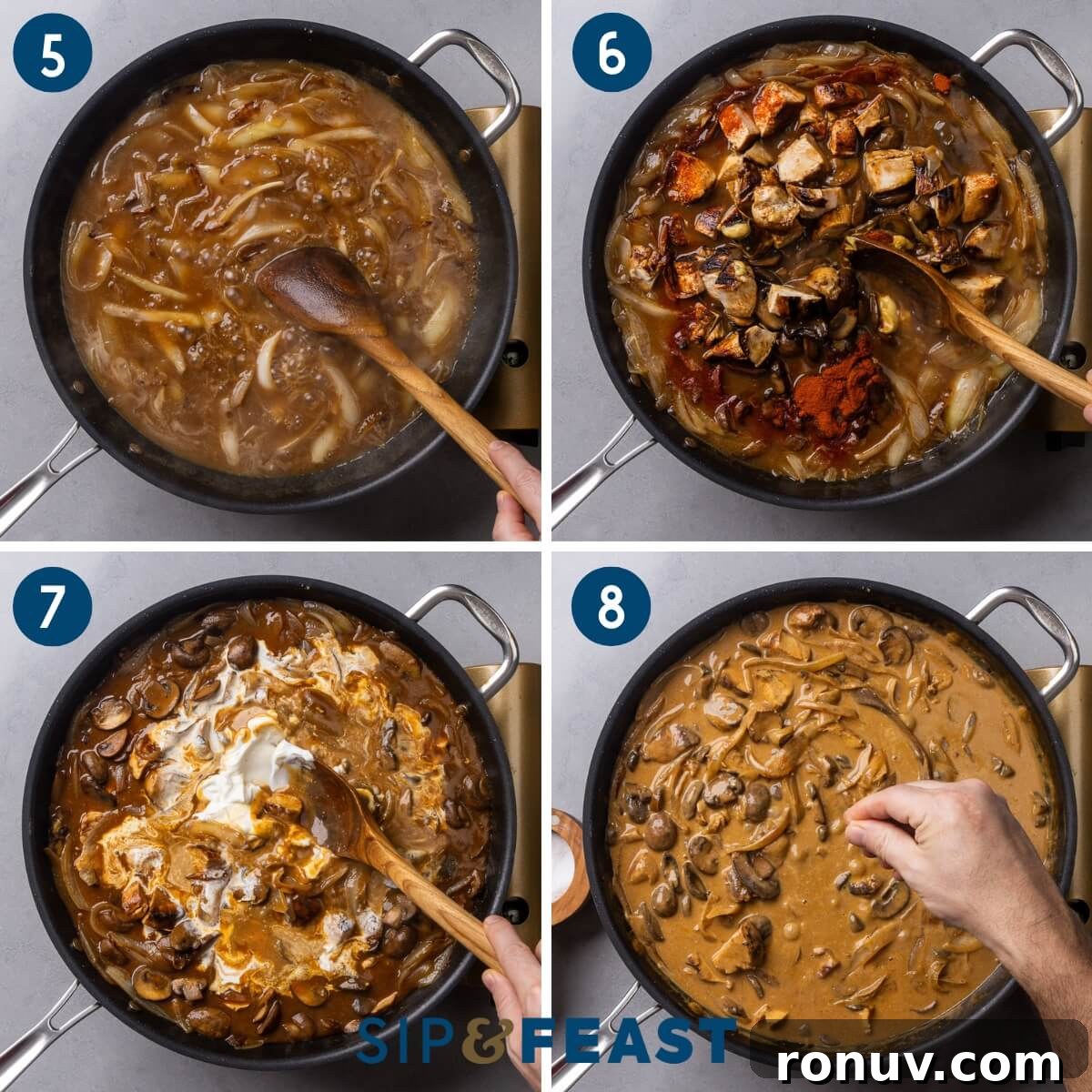 Creamy Chicken Stroganoff with Mushrooms and Egg Noodles 5 Recipe collage two showing bringing liquid to boil, adding chopped chicken, mushrooms, and seasonings to the sauce, mixing in the yogurt and heavy cream, and seasoning to taste.