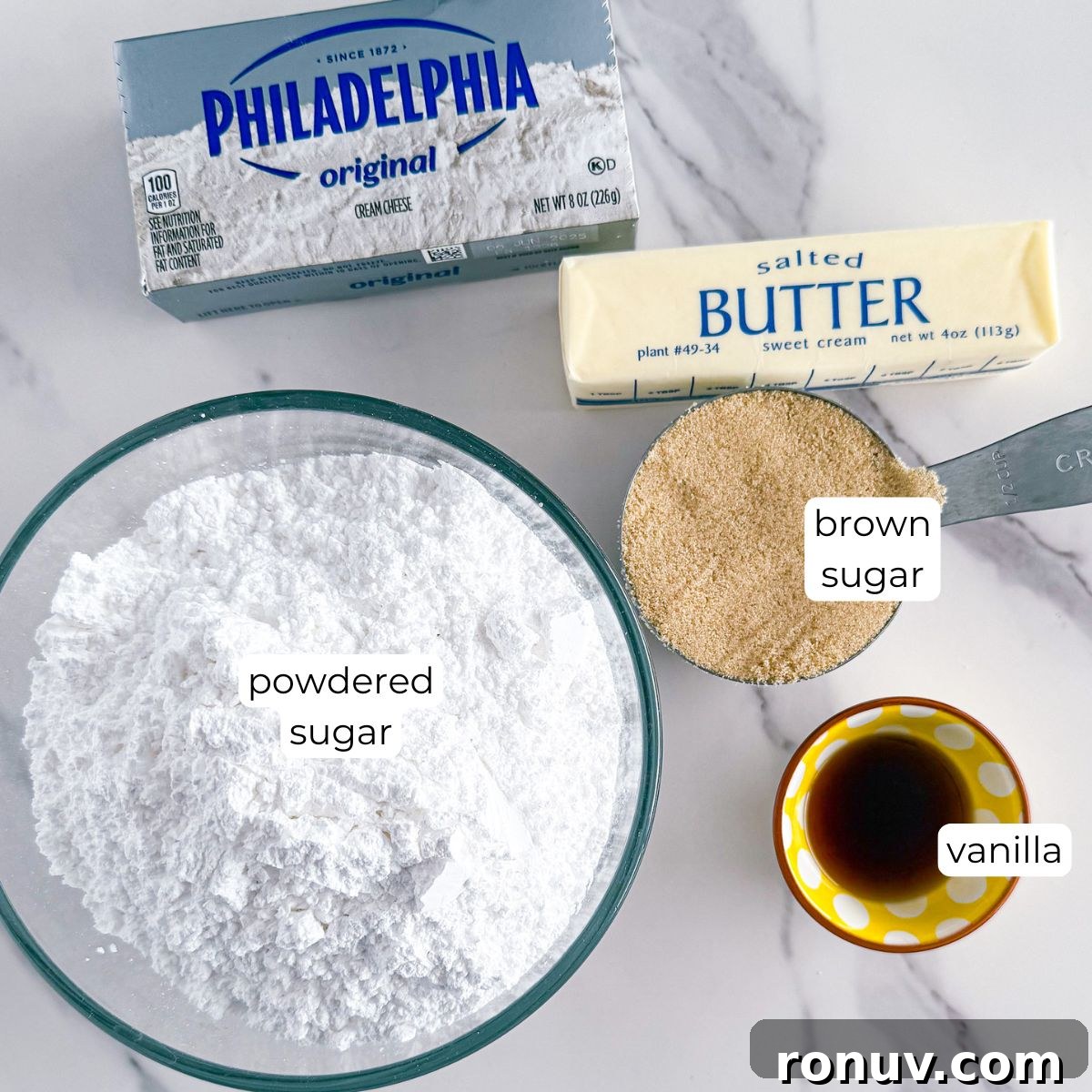 Ingredients for brown butter frosting.