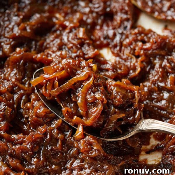 Pan of finished caramelized onions with a spoon resting in the center.