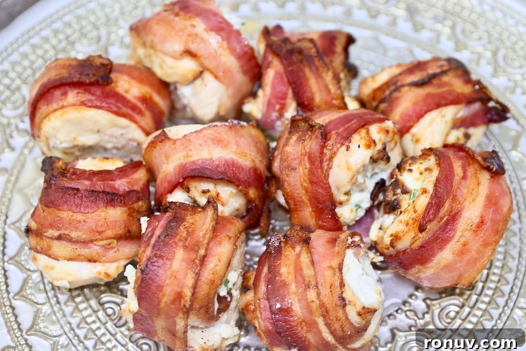 Crispy Air Fryer Bacon-Wrapped Stuffed Chicken Breast 8 bacon wrapped stuffed chicken breast in air fryer