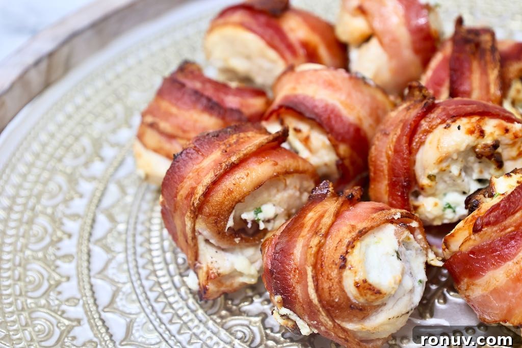 Crispy Air Fryer Bacon-Wrapped Stuffed Chicken Breast 6 bacon wrapped stuffed chicken breast in air fryer