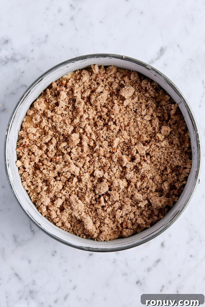 Moist Sour Cream Coffee Cake Recipe with Cinnamon Streusel 9 Coffee cake batter sprinkled with half of the streusel topping