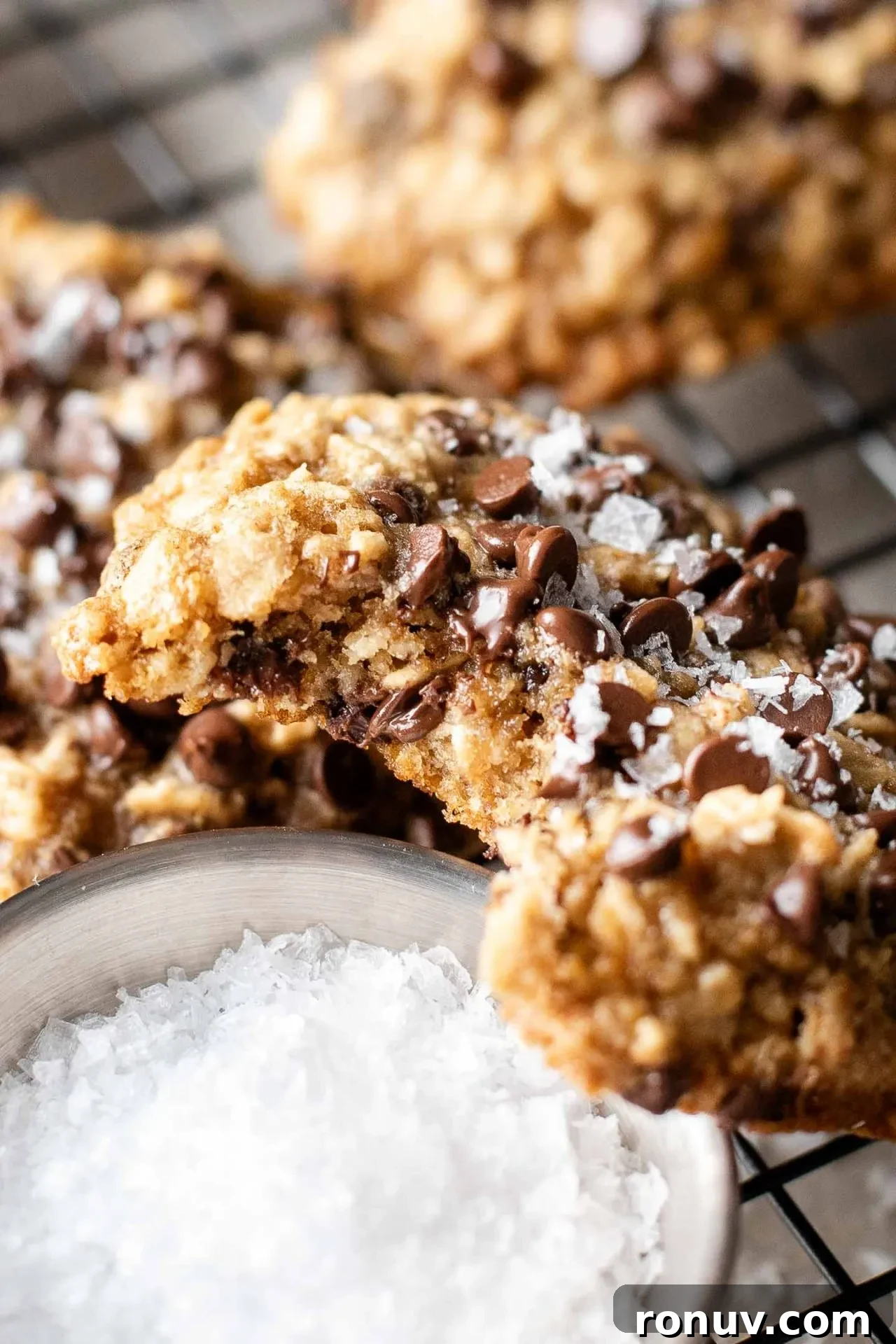 Soft Chewy Oatmeal Chocolate Chip Cookies 3 oatmeal chocolate chip cookies with bite missing from one
