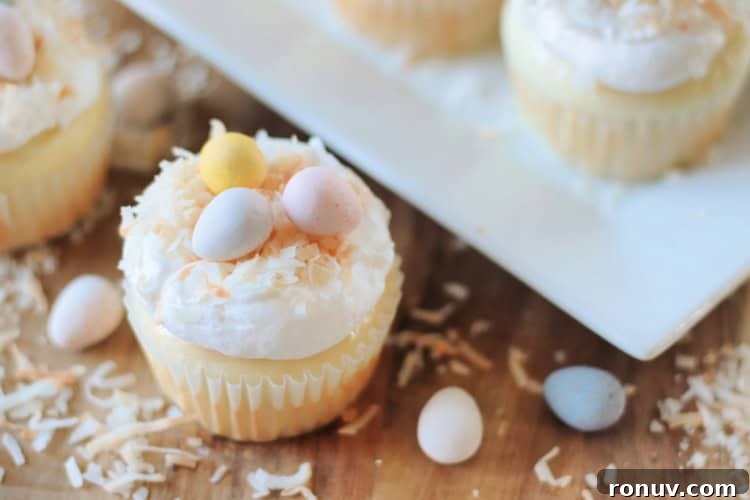 25 Easter Desserts to Impress Your Guests 17 coconut cupcake with chocolate eggs on top