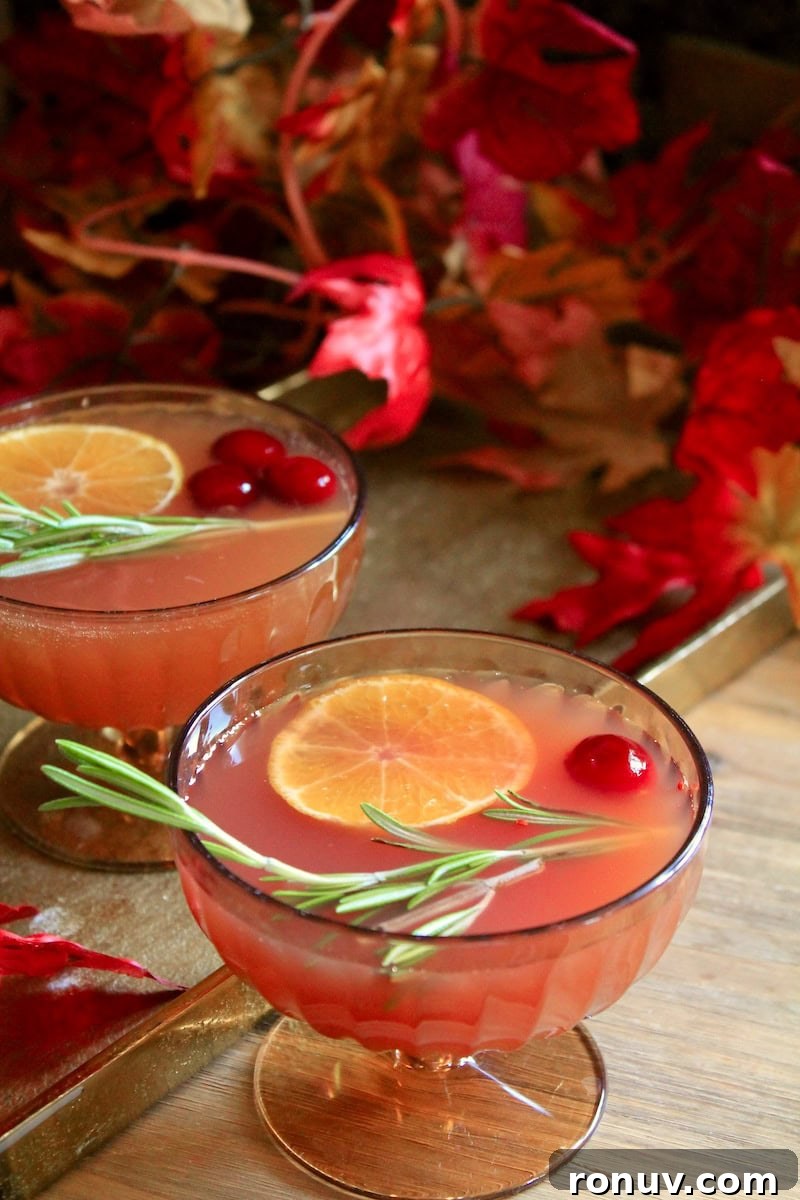 Golden Turkey Bourbon Cocktail Recipe for Thanksgiving 5 Coupe glass with a Thanksgiving cocktail, garnished with orange and rosemary