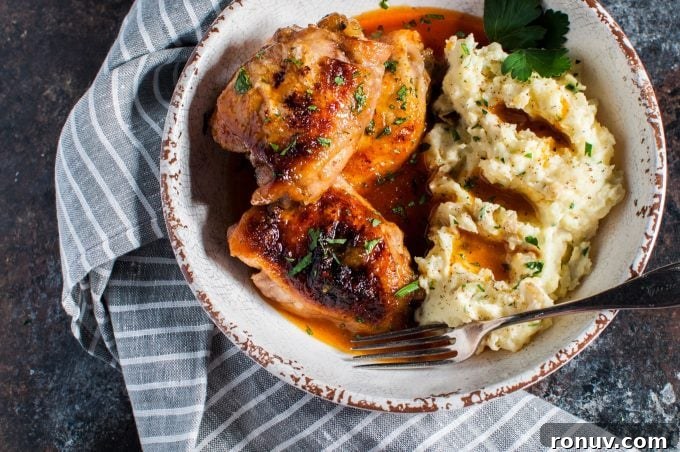 Crispy Braised Chicken with Apricot Glaze 4 close-up of crispy braised apricot chicken with mashed potatoes
