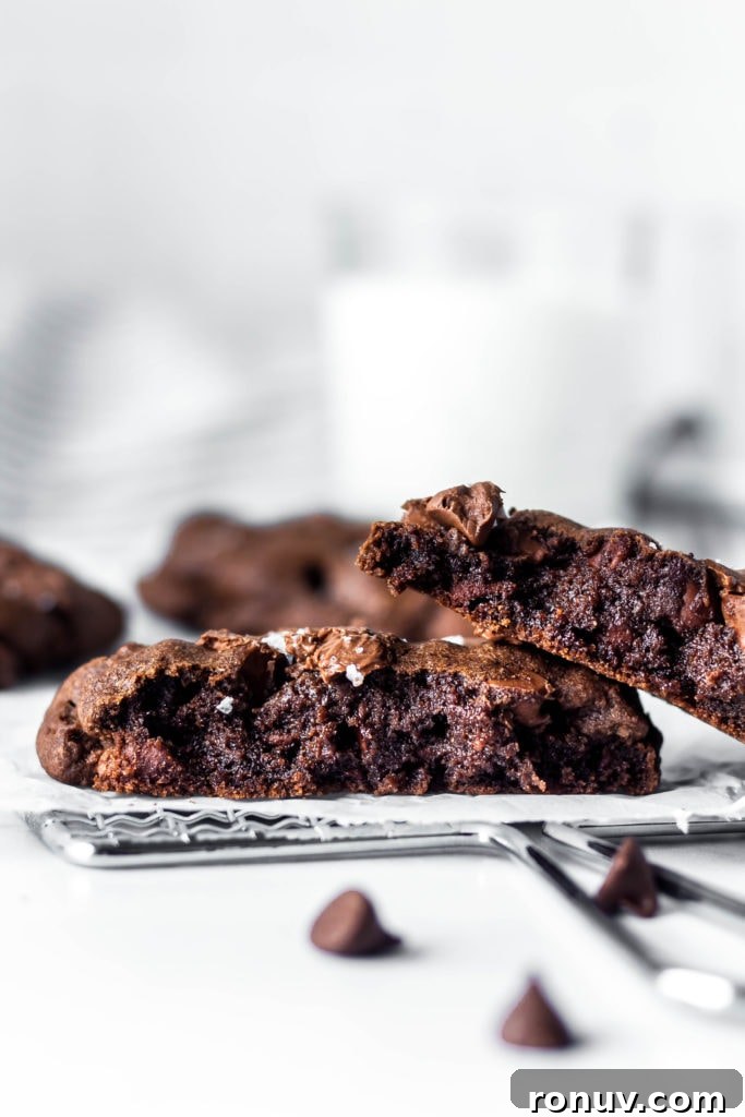 Chewy Double Chocolate Chip Cookies Recipe 2 cookie halves