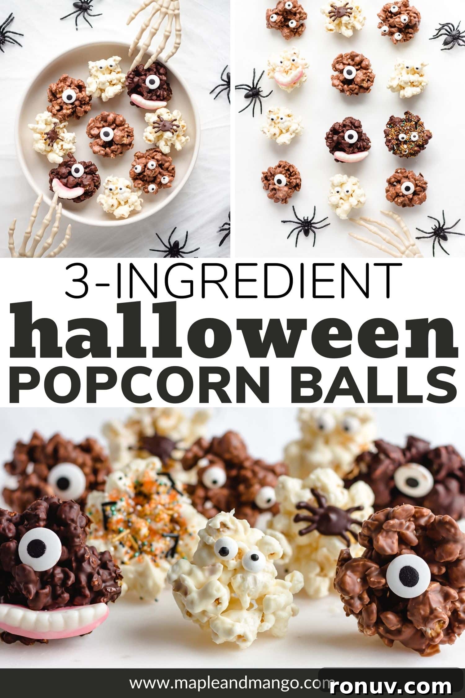How to Make Chocolate Halloween Popcorn Balls 12 Pinterest photo collage graphic for "3-Ingredient Halloween Popcorn Balls".