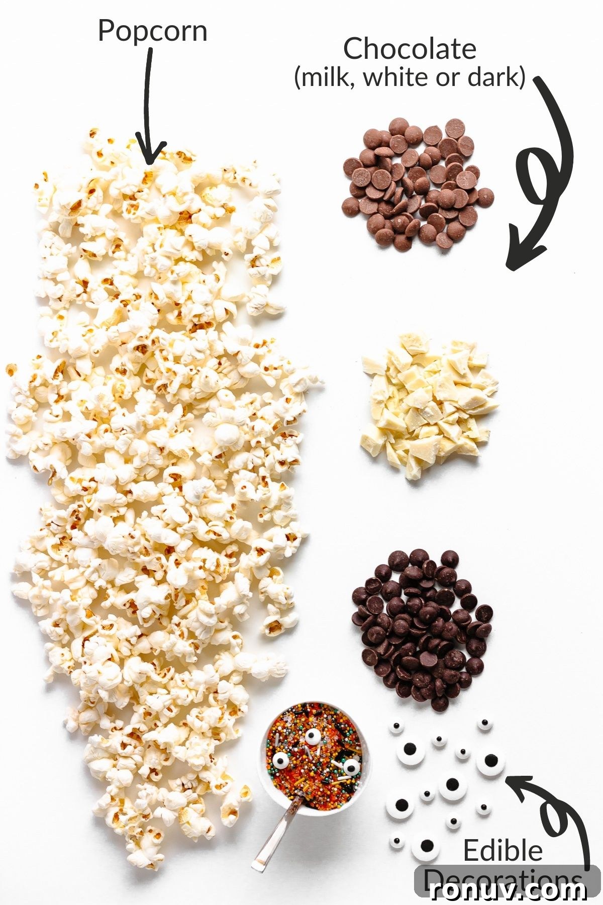 How to Make Chocolate Halloween Popcorn Balls 4 Labelled image of ingredients needed to make chocolate Halloween popcorn balls.