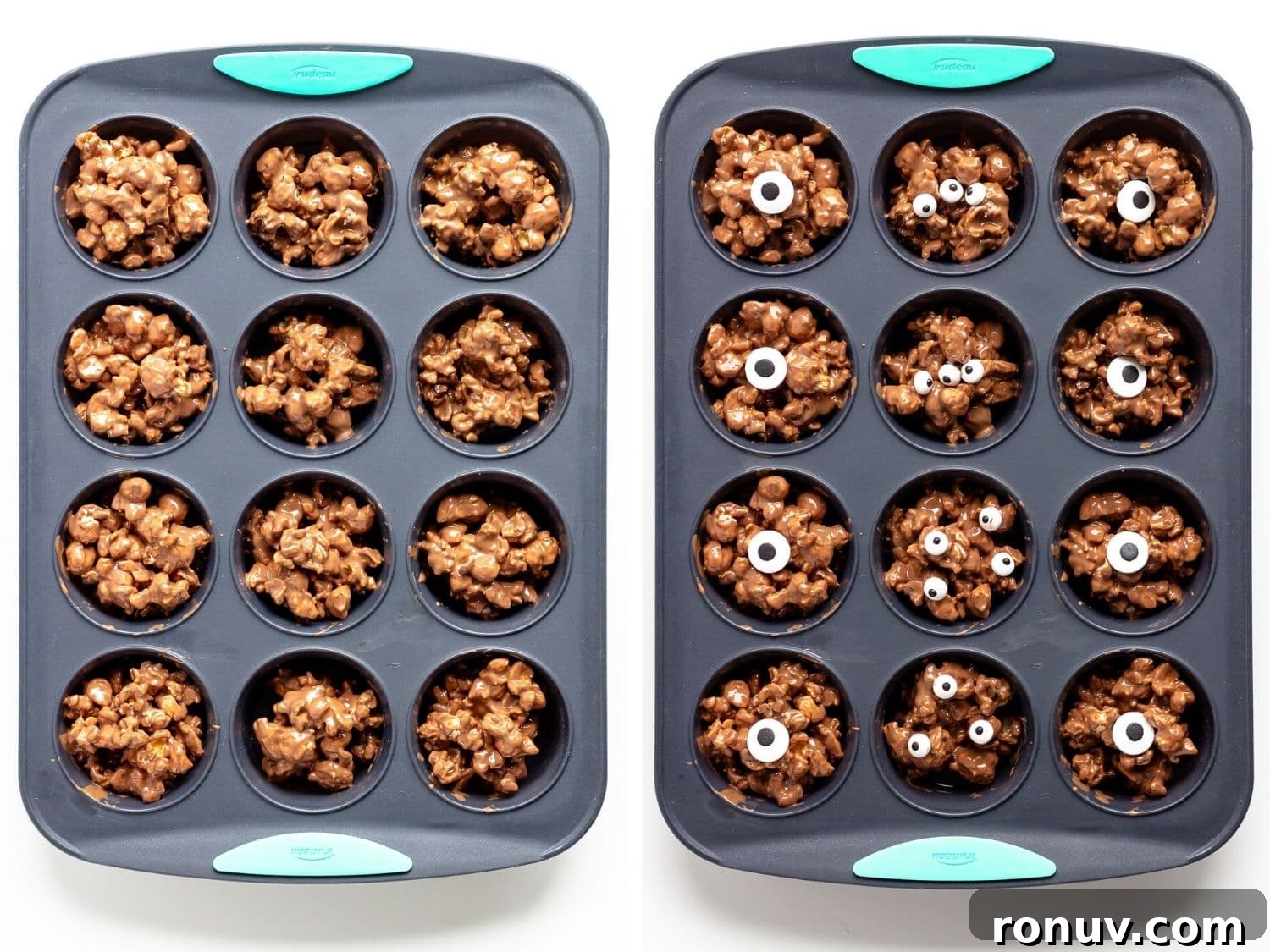 How to Make Chocolate Halloween Popcorn Balls 8 Photo collage showing chocolate popcorn distributed into a silicone muffin pan and then candy eyeballs placed on top.