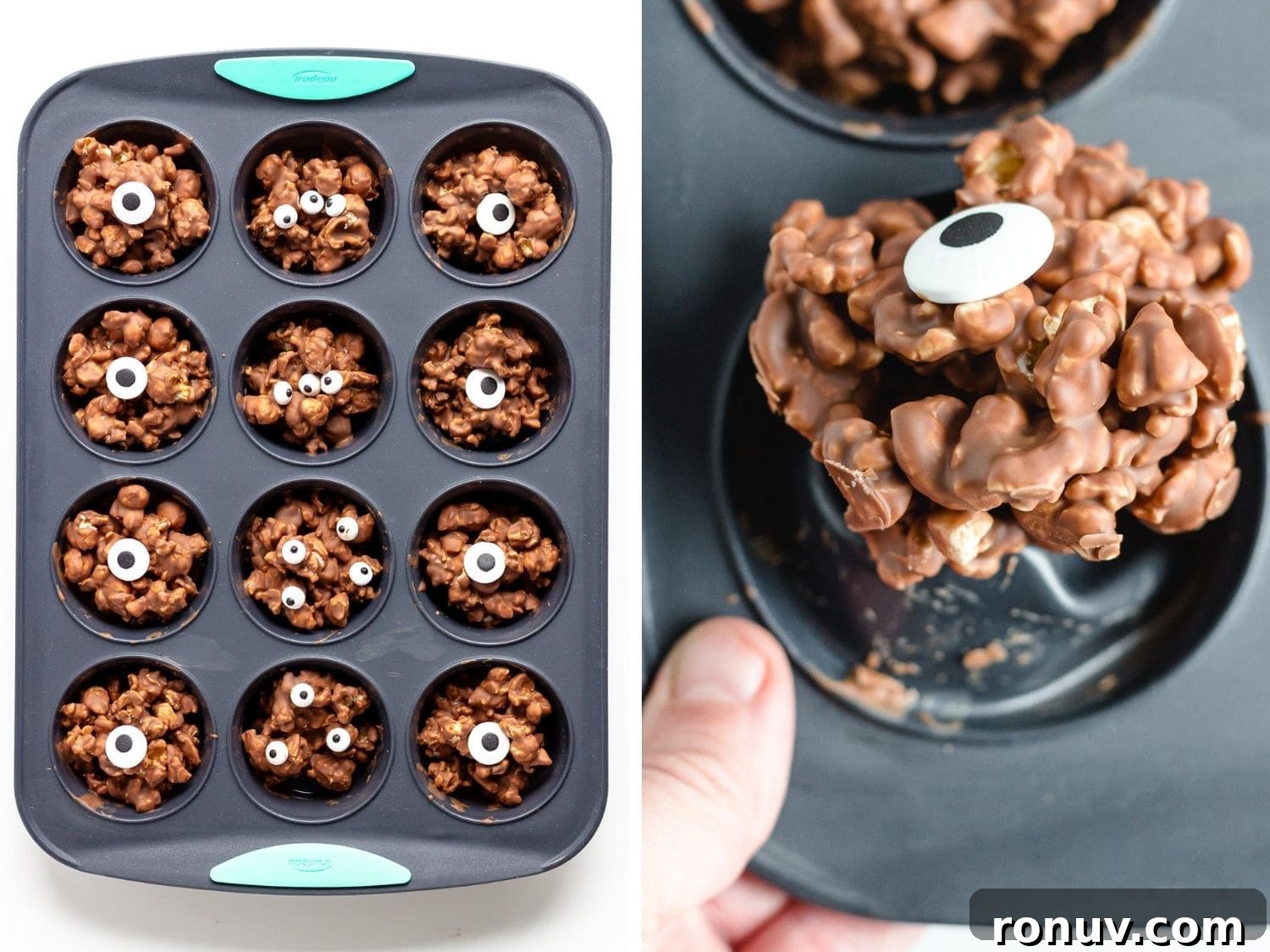 How to Make Chocolate Halloween Popcorn Balls 9 Photo collage showing set Chocolate Halloween Popcorn Balls in a silicone muffin pan and then one being popped out.