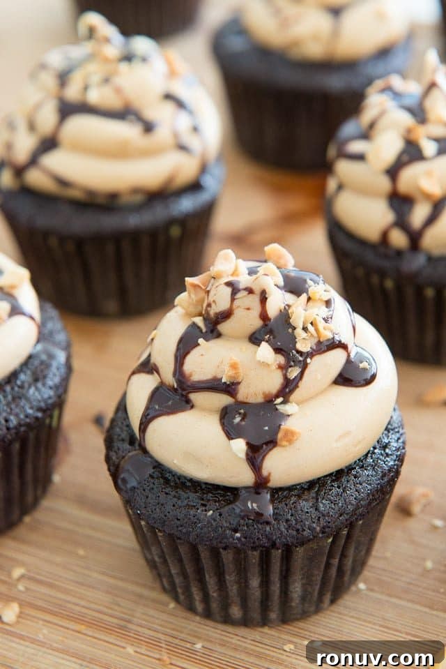 Chocolate Peanut Butter Cupcakes Recipe 9 Chocolate Cupcakes with Peanut Butter Frosting on Top on Wood Board