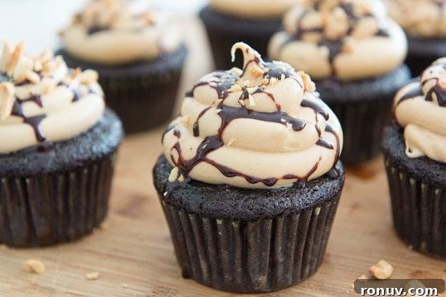 Chocolate Peanut Butter Cupcakes Recipe 4 Chocolate Cupcakes with Peanut Butter buttercream Frosting with Chocolate Syrup Drizzle and Peanuts