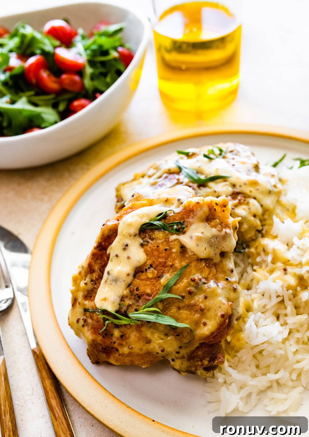 Pan-Seared Chicken Thighs in Creamy Mustard Sauce 15 plated chicken with mustard sauce and a side of rice.