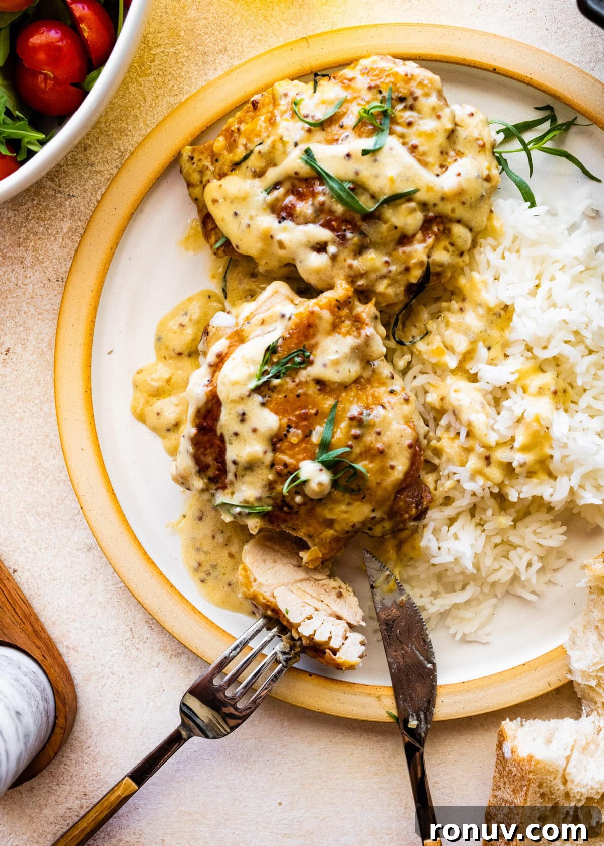 Pan-Seared Chicken Thighs in Creamy Mustard Sauce 16 Utensils on a plate with chicken thighs, creamy mustard sauce, and rice.