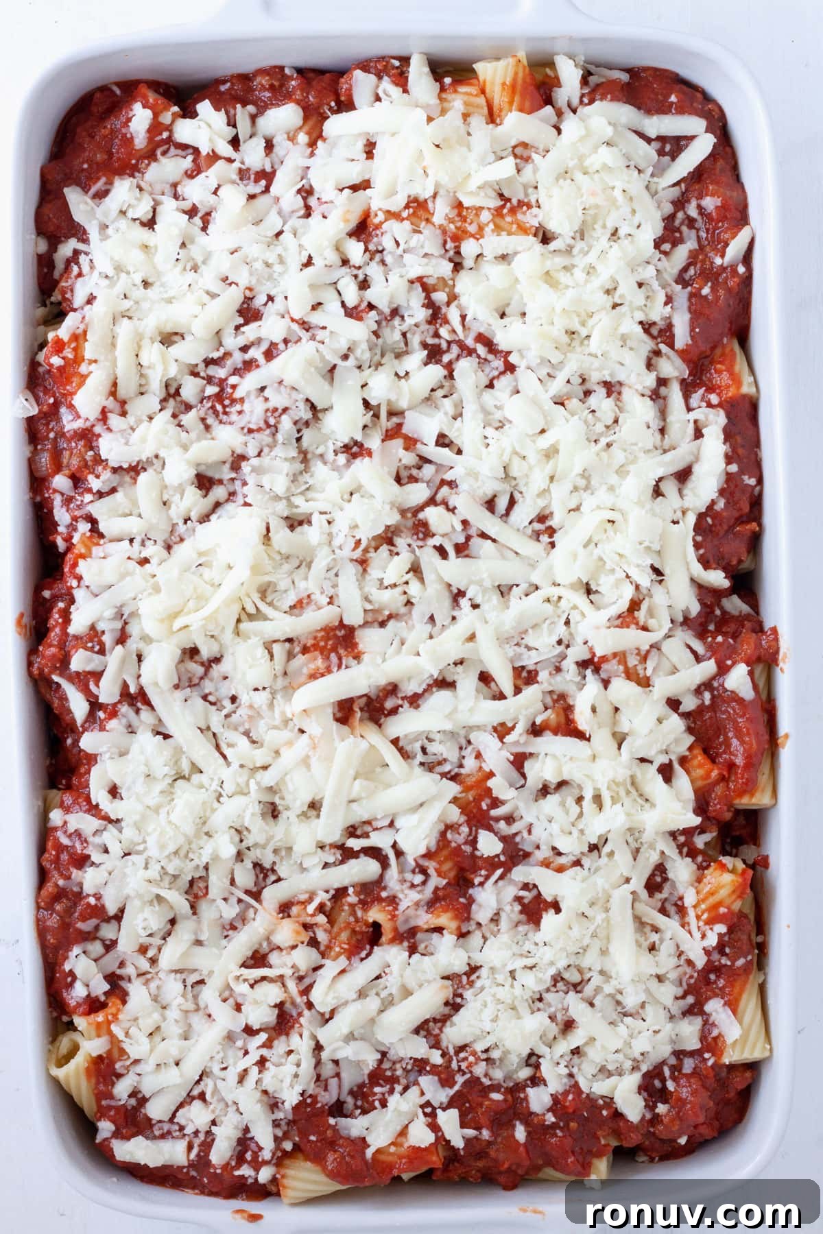 Baked Rigatoni with Cheese and Tomato Sauce 9 Rigatoni al forno in a baking dish uncooked.
