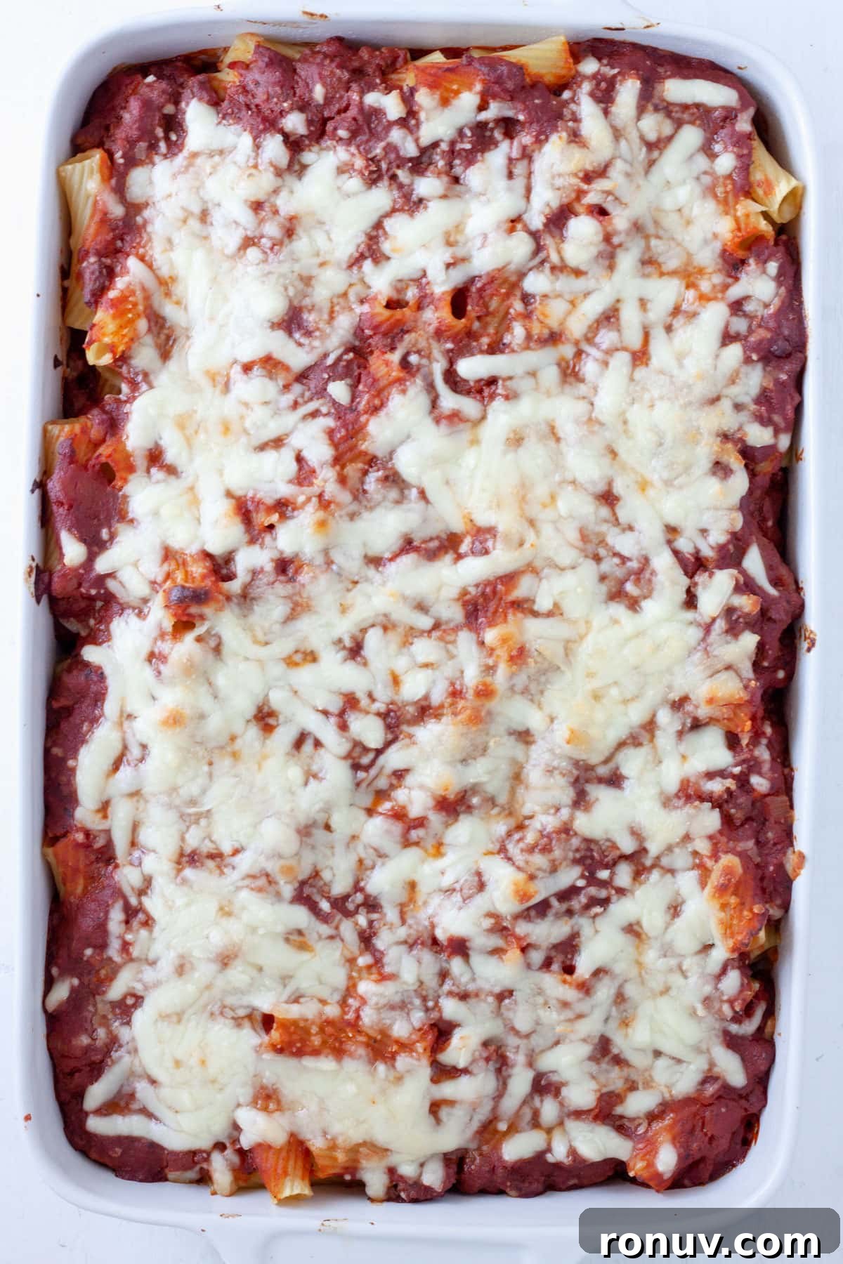 Baked Rigatoni with Cheese and Tomato Sauce 10 Rigatoni al forno baked and bubbly with melty cheese on top.