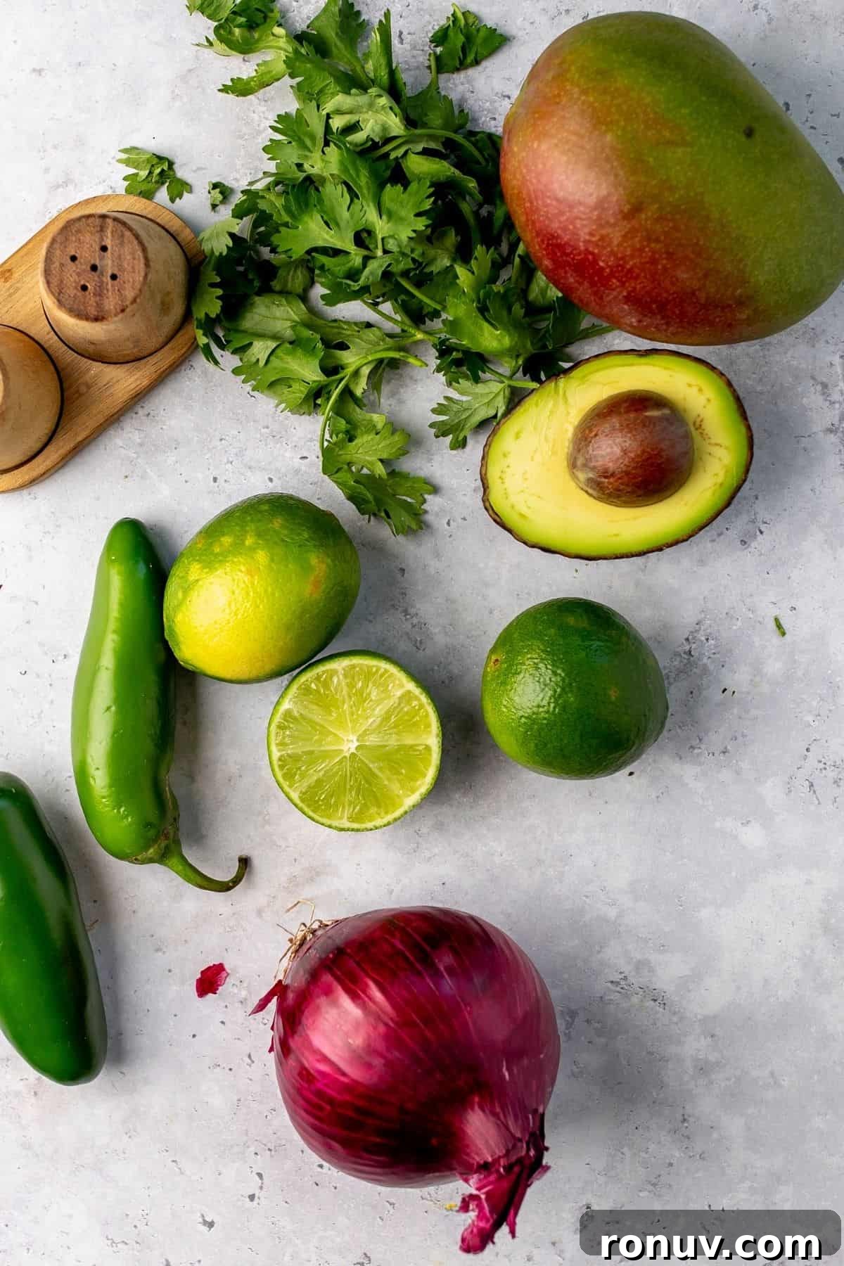 Zesty Mango and Avocado Salsa with Lime 3 Ingredients needed to make the recipe laid our neatly on a counter.