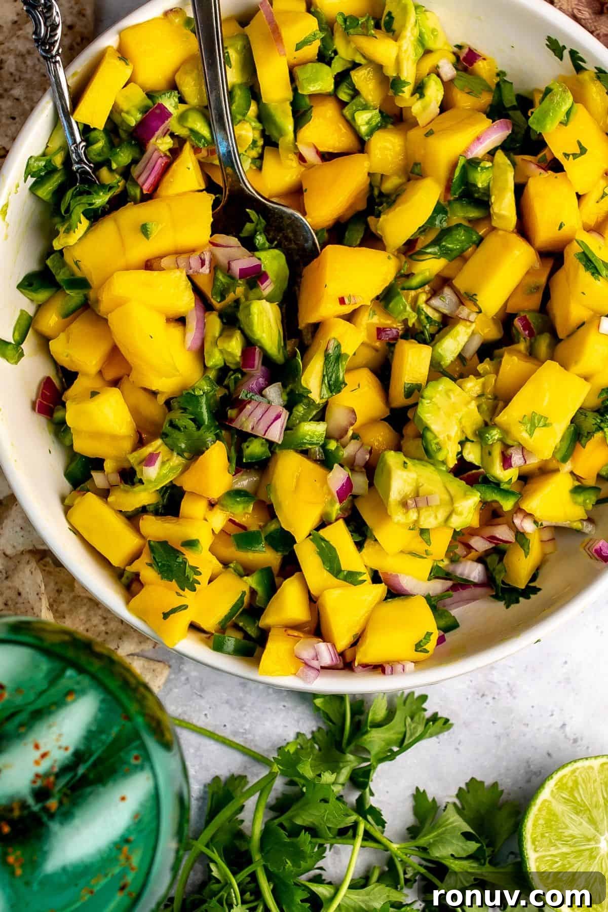 Zesty Mango and Avocado Salsa with Lime 5 Mango pico de gallo in a bowl.