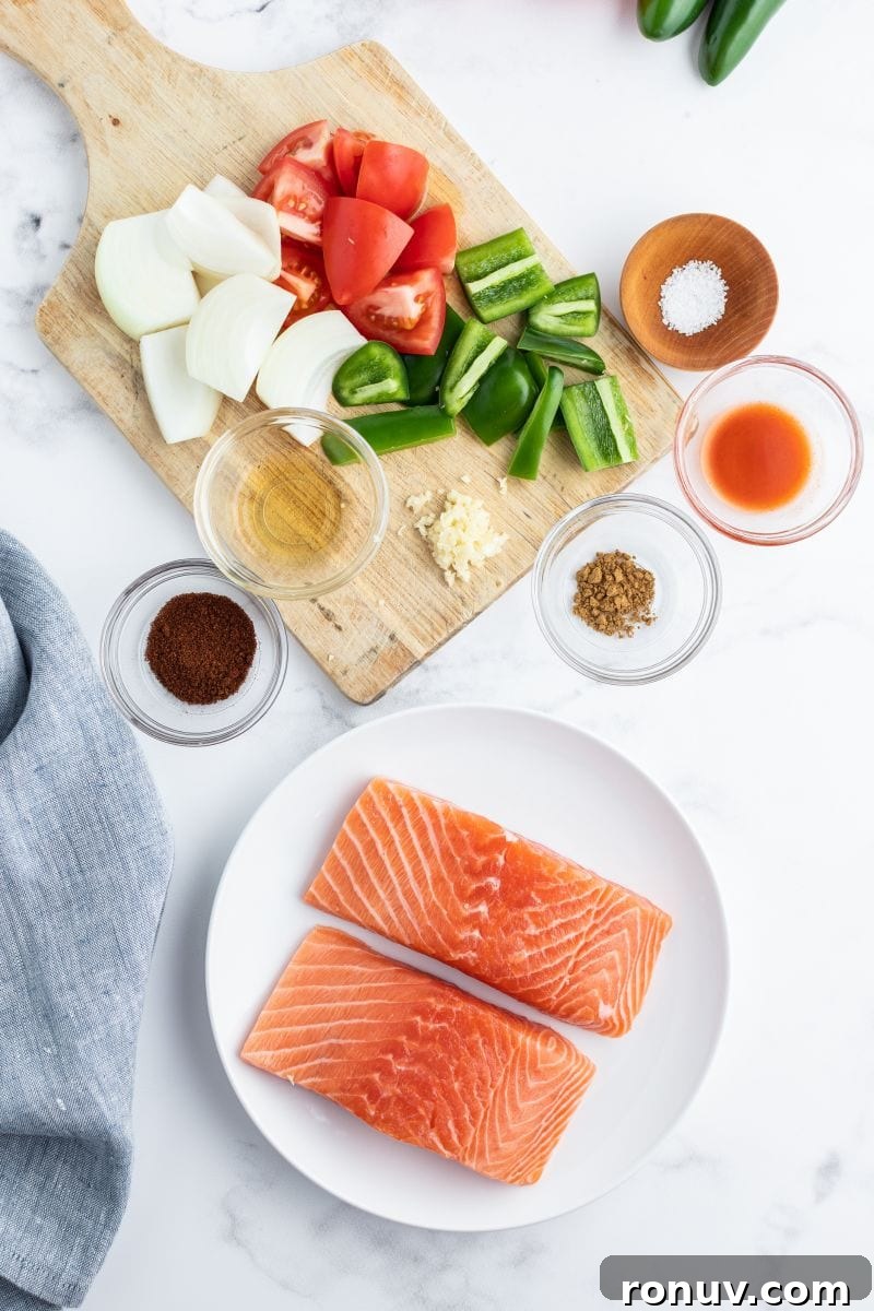 Ingredients for Salsa Roasted Salmon ingredients displayed for salmon recipe