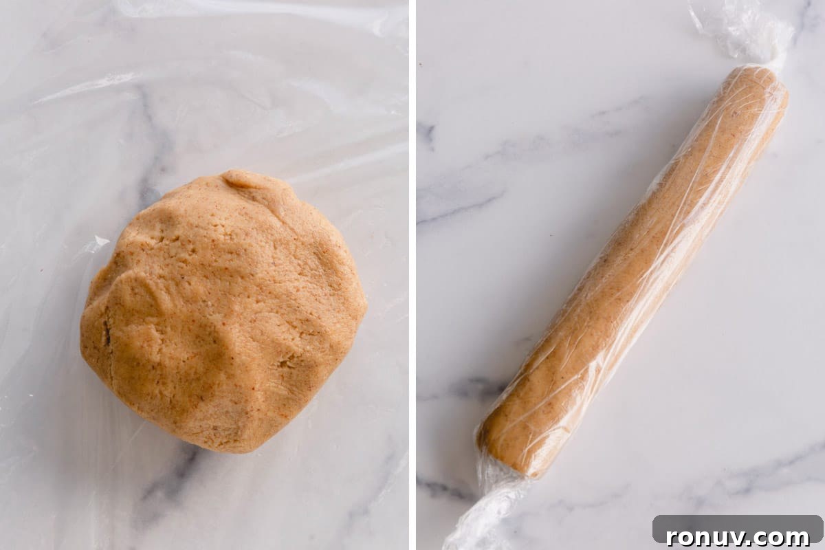 Classic Pecan Sandies Recipe 5 Side by side images of pecan sandies dough ball and shaped into a log and wrapped in plastic.