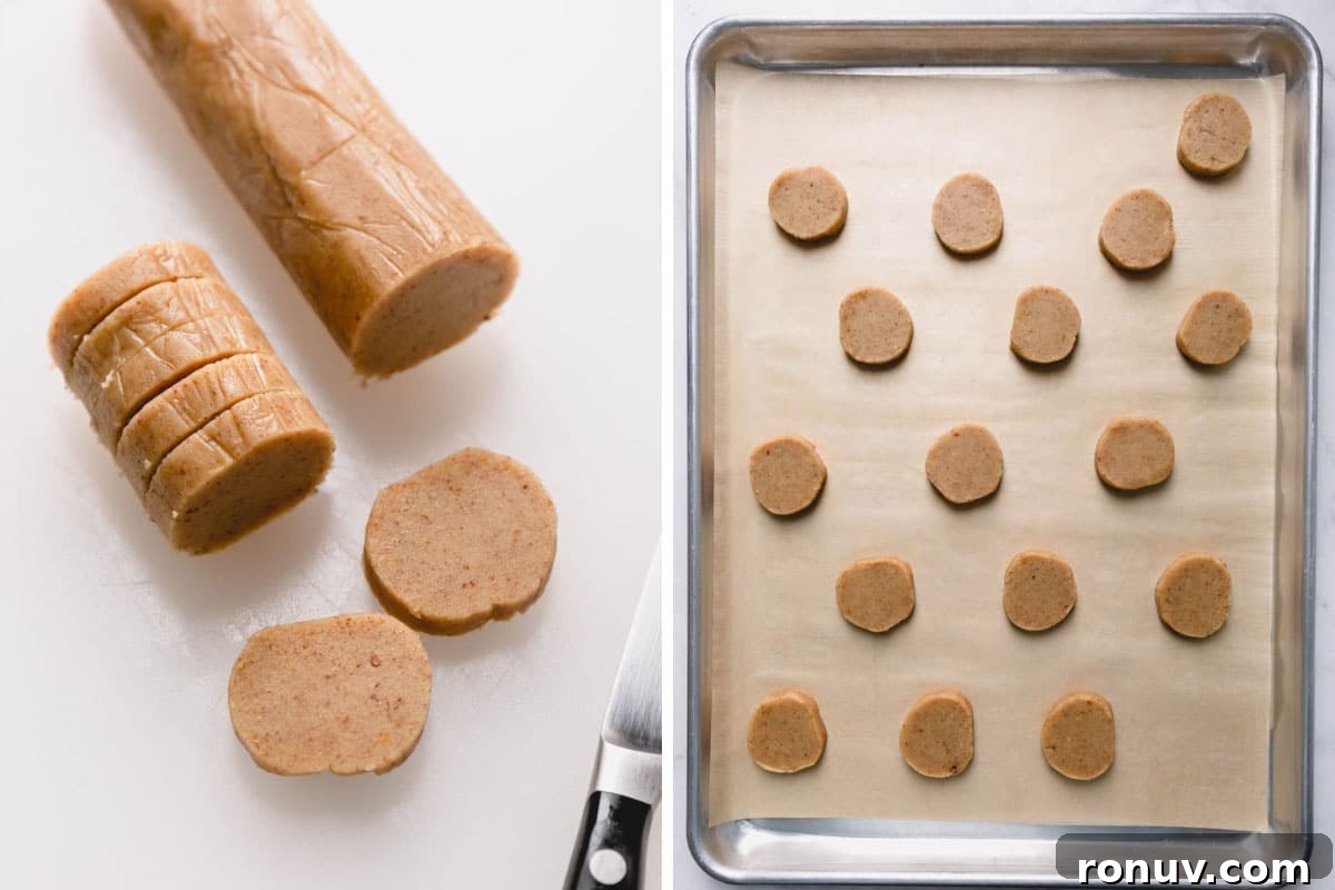 Classic Pecan Sandies Recipe 6 Side by side images of cutting the cookie disks and on a baking sheet.