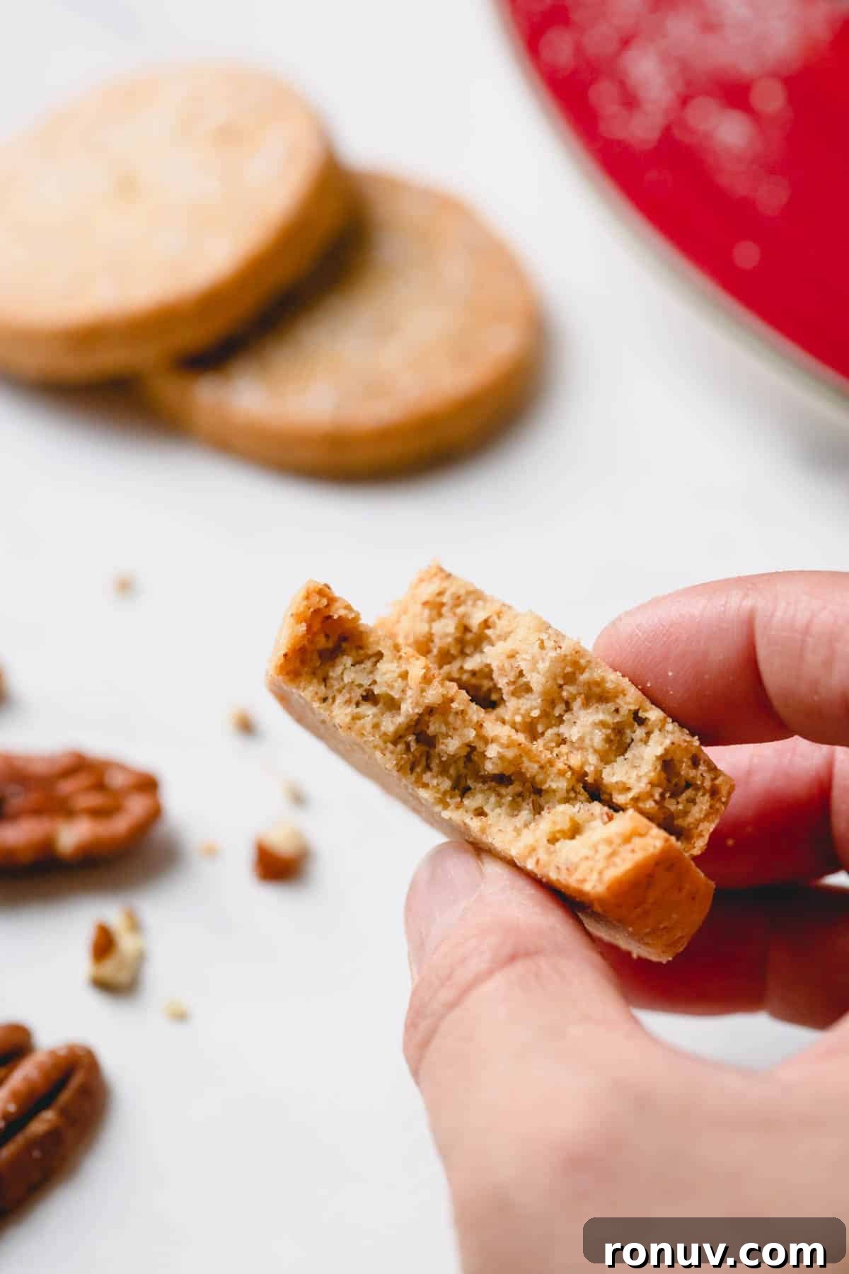 Classic Pecan Sandies Recipe 7 Pecan sandies cookies broken in half and hand held.