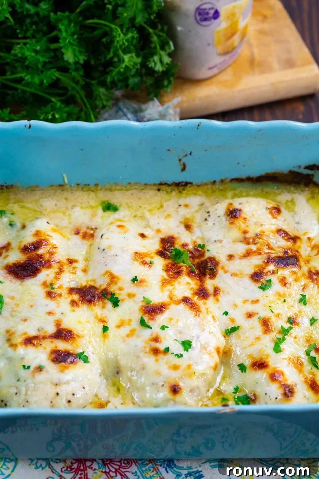 Oven-Baked Caesar Chicken Recipe with Creamy Dressing 3 Baked Chicken in baking dish.