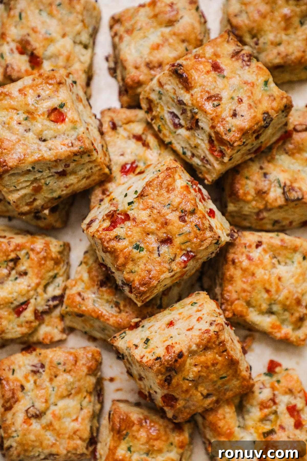 Flaky Bacon, Cheddar and Chive Breakfast Biscuits Recipe 2 Pile of tender golden flaky bacon cheddar chive biscuits.
