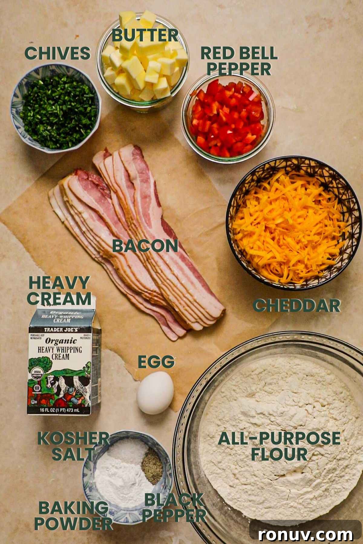 Flaky Bacon, Cheddar and Chive Breakfast Biscuits Recipe 3 Ingredients for bacon cheddar chive biscuits, bacon, heavy cream, flour, cheddar, bell pepper, butter, chives, kosher salt, baking powder, black pepper.