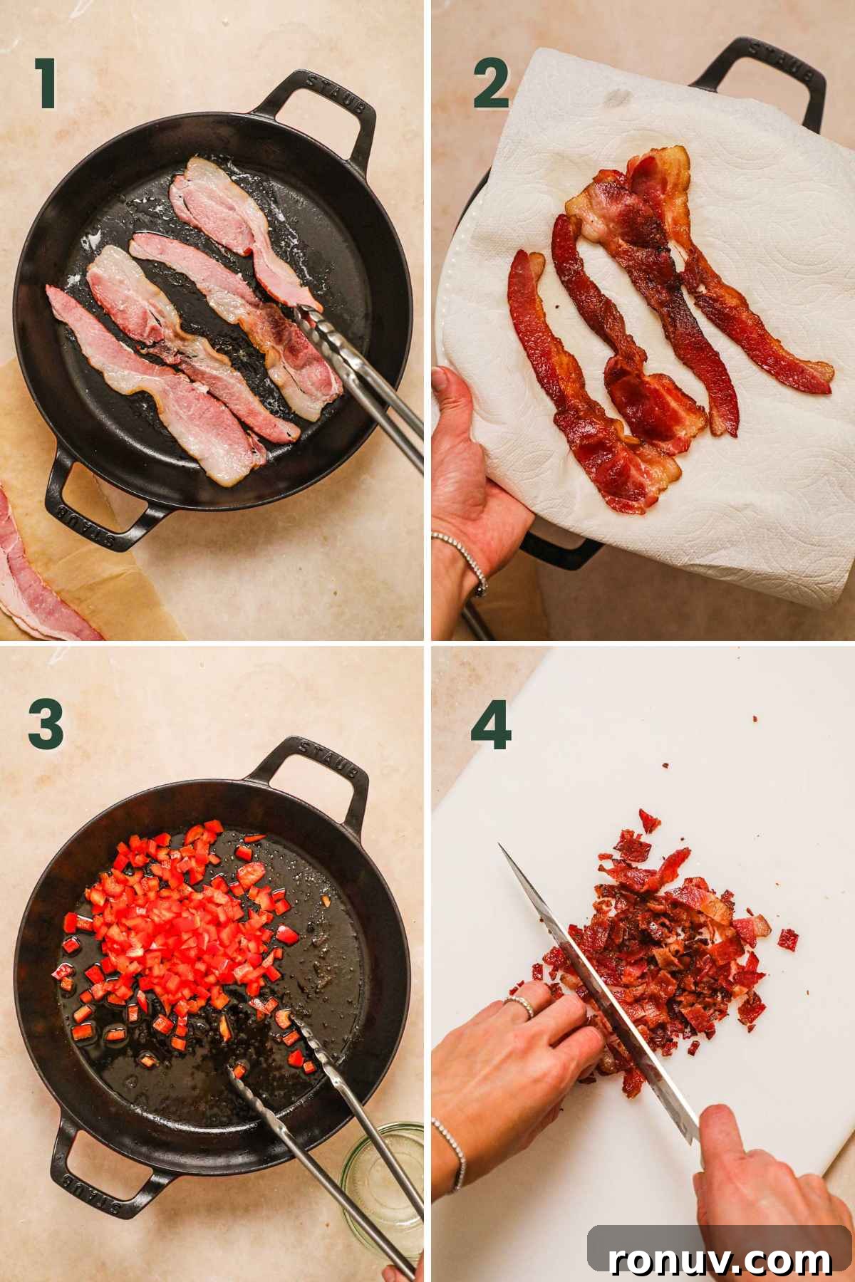 Flaky Bacon, Cheddar and Chive Breakfast Biscuits Recipe 4 Steps to make bacon cheddar chive biscuits, cook bacon until crisp, drain on paper towel, cook bell pepper in bacon grease, chop bacon.