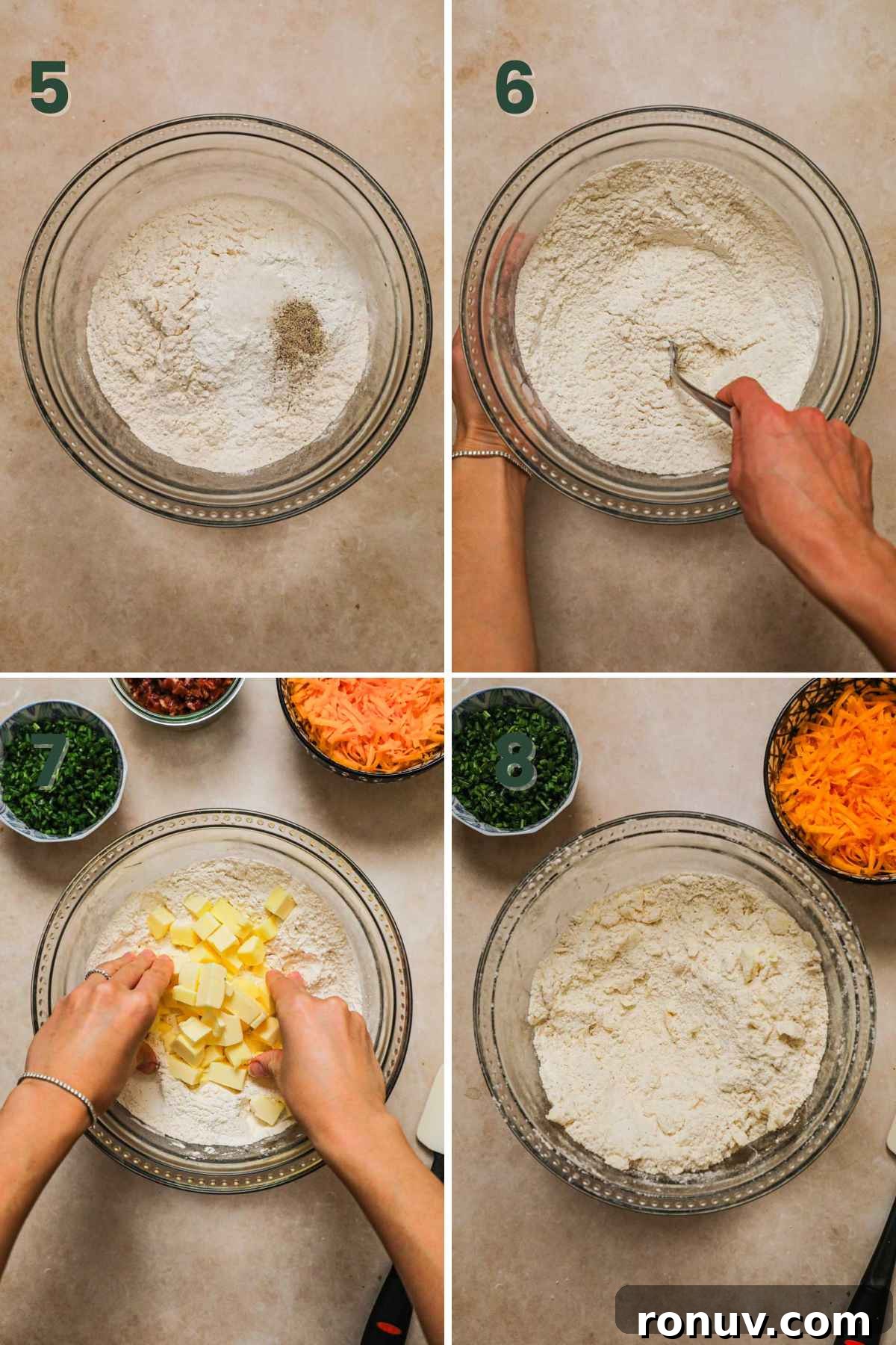 Flaky Bacon, Cheddar and Chive Breakfast Biscuits Recipe 5 Steps to make bacon cheddar chive biscuits, whisk flour, baking powder, kosher salt, black pepper, pinch butter in flour.