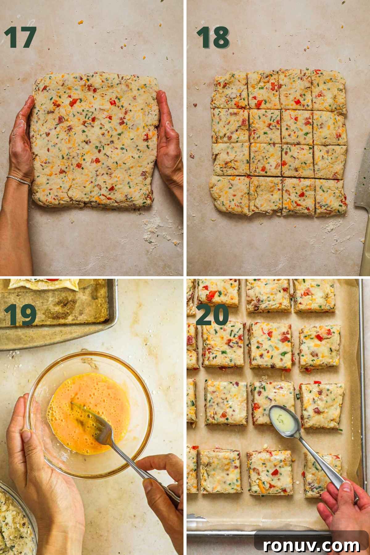 Flaky Bacon, Cheddar and Chive Breakfast Biscuits Recipe 6 Steps to make bacon cheddar chive biscuits, form the dough into a square, cut into 16 pieces, brush with egg wash, and chill.