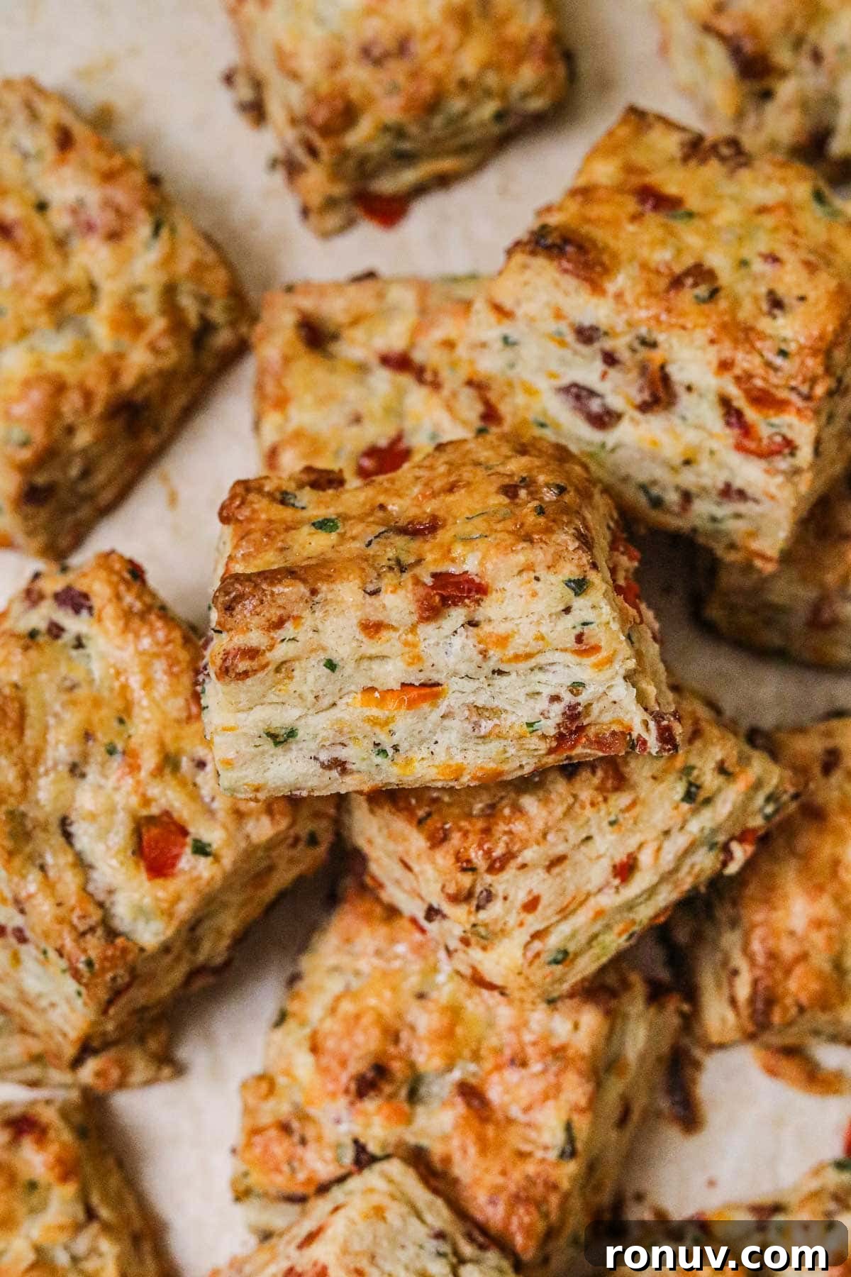 Flaky Bacon, Cheddar and Chive Breakfast Biscuits Recipe 7 Closeup shot of flaky bacon cheddar chive biscuits with many buttery layers.