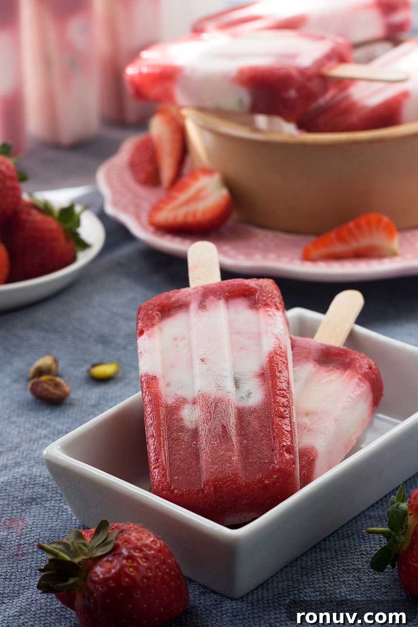 4-Ingredient Creamy Strawberry Pistachio Yogurt Popsicles 2 A closeup of strawberry pistachio yoghurt popsicles in a white dish on a blue background and with strawberries in the background.