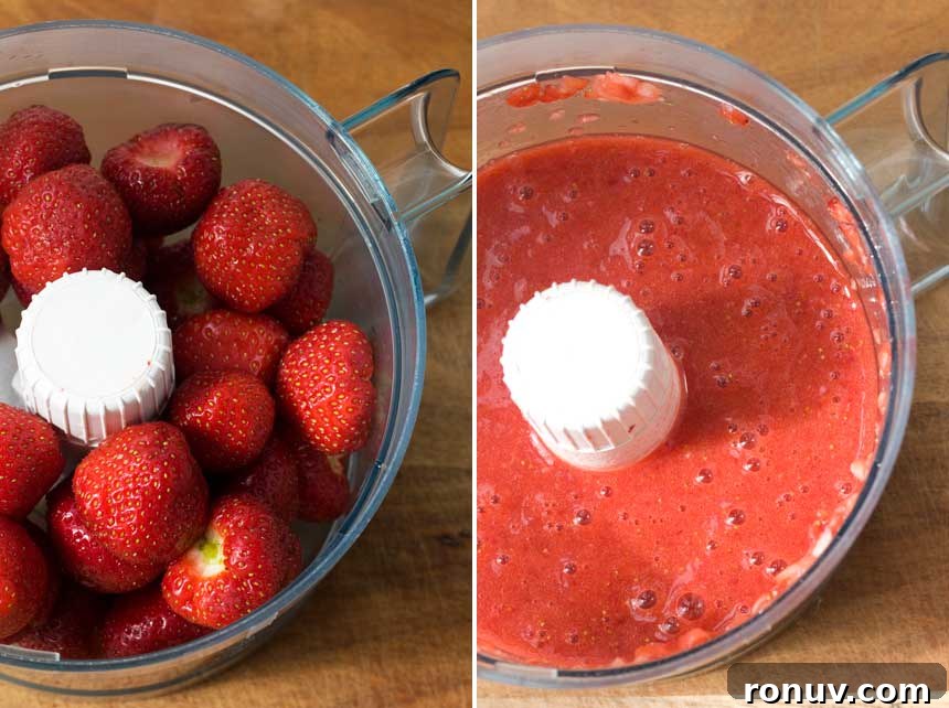 4-Ingredient Creamy Strawberry Pistachio Yogurt Popsicles 3 Collage of strawberries in a food processor and then after being pureed.