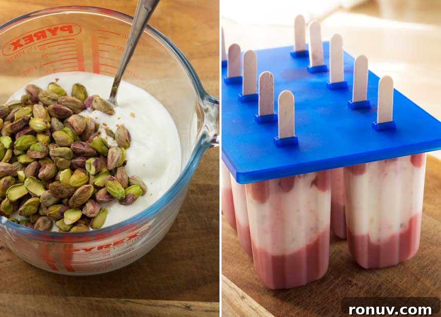 4-Ingredient Creamy Strawberry Pistachio Yogurt Popsicles 4 Collage of 2 images showing pistachios being stirred into yogurt, and yogurt popsicles in moulds.