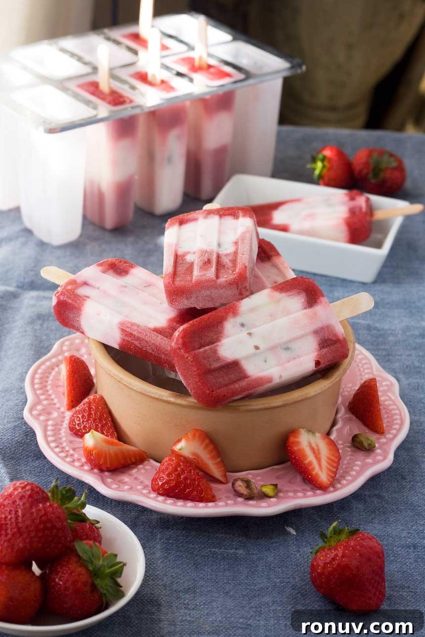 4-Ingredient Creamy Strawberry Pistachio Yogurt Popsicles 5 A bowl of strawberry pistachio yoghurt popsicles on a pink plate and blue background with strawberries around it.