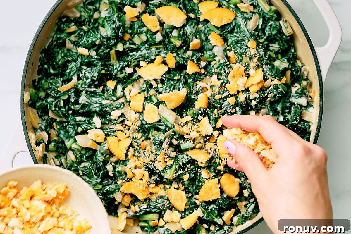 Creamed Kale Recipe: Garlic and Parmesan Side Dish 12 Topping easy creamed kale with crumbled Ritz crackers as a garnish before serving.