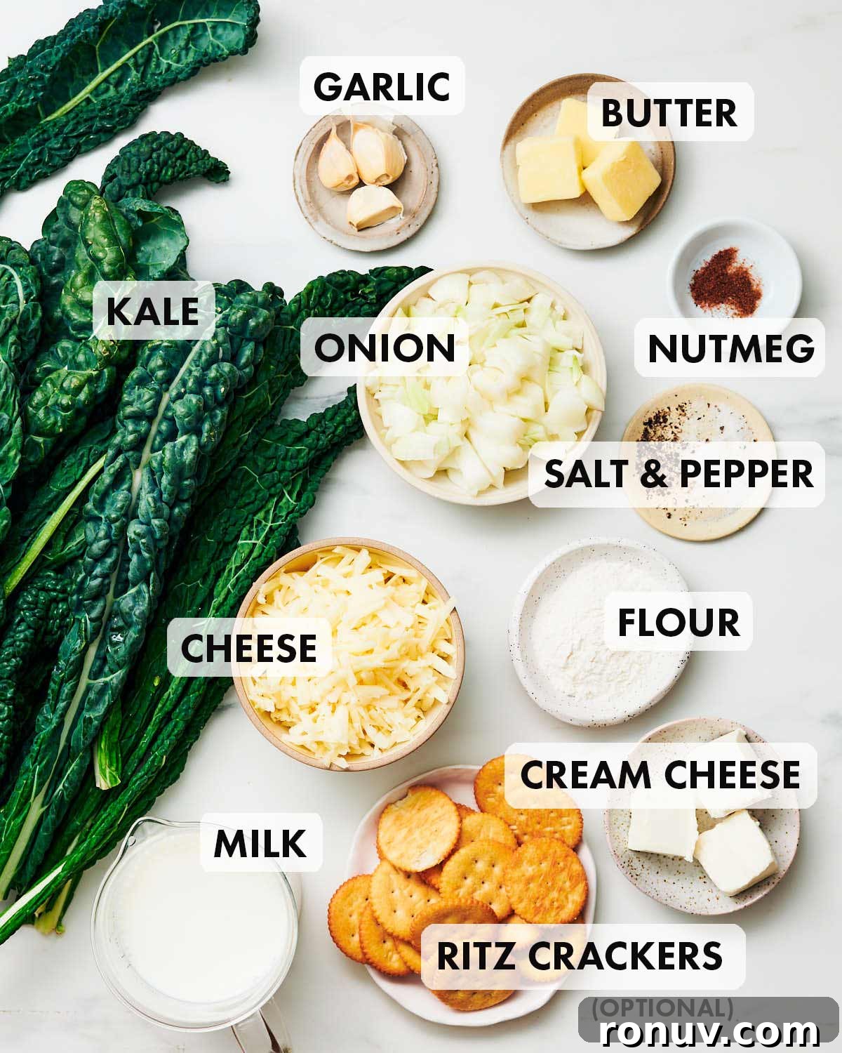 Creamed Kale Recipe: Garlic and Parmesan Side Dish 5 Ingredients to make Easy Creamed Kale with Ritz cracker topping, including cheese and cream cheese.