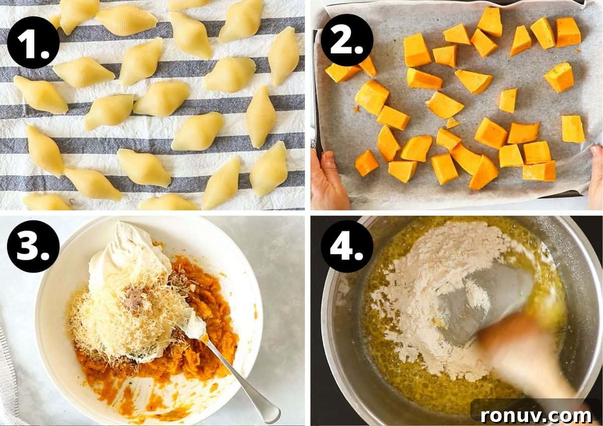 Creamy Pumpkin Ricotta Stuffed Shells Recipe 4 Steps 1-4 of preparing this recipe in a photo collage - the cooked and drained pasta shells, the pumpkin pieces ready to be roasted, making the pumpkin filling and making the garlic white sauce.